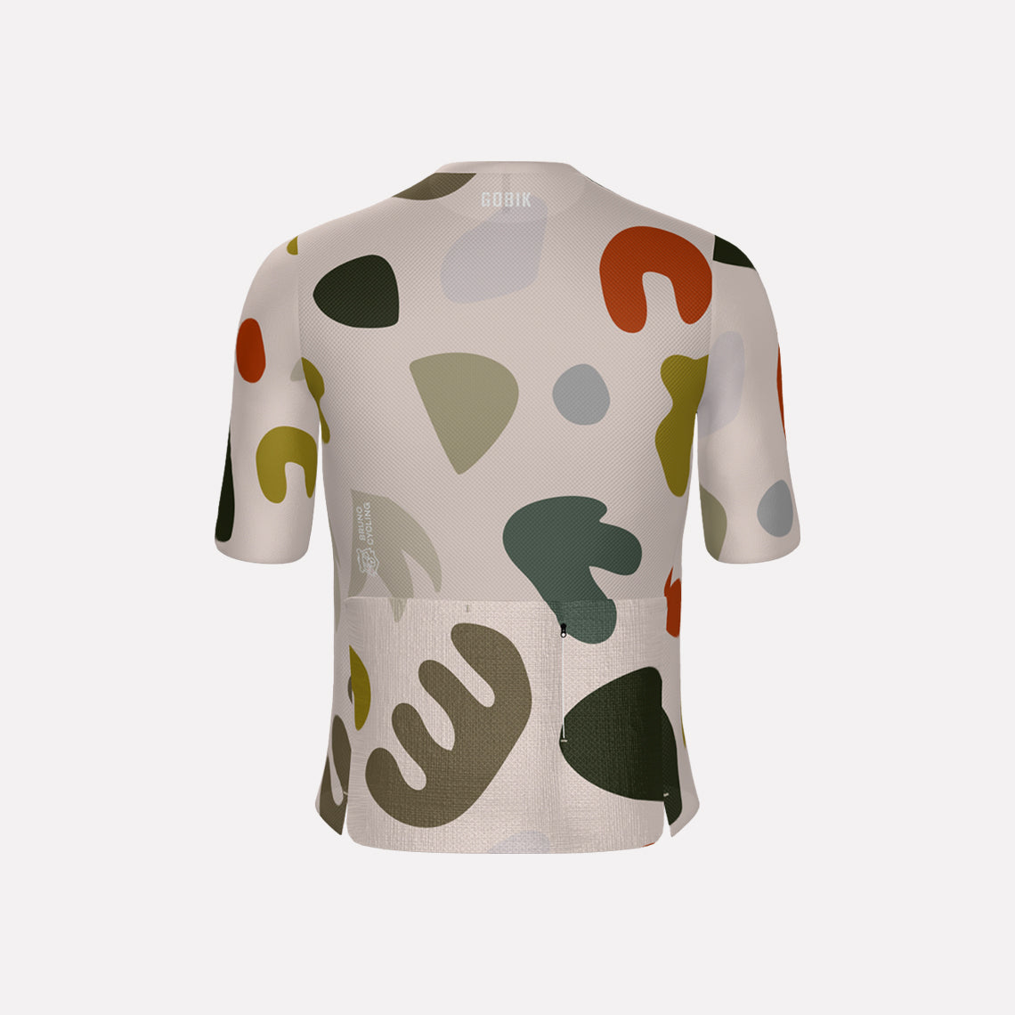 A men's cycling jersey with a camouflage pattern in various shades of earthy colors on a white background.