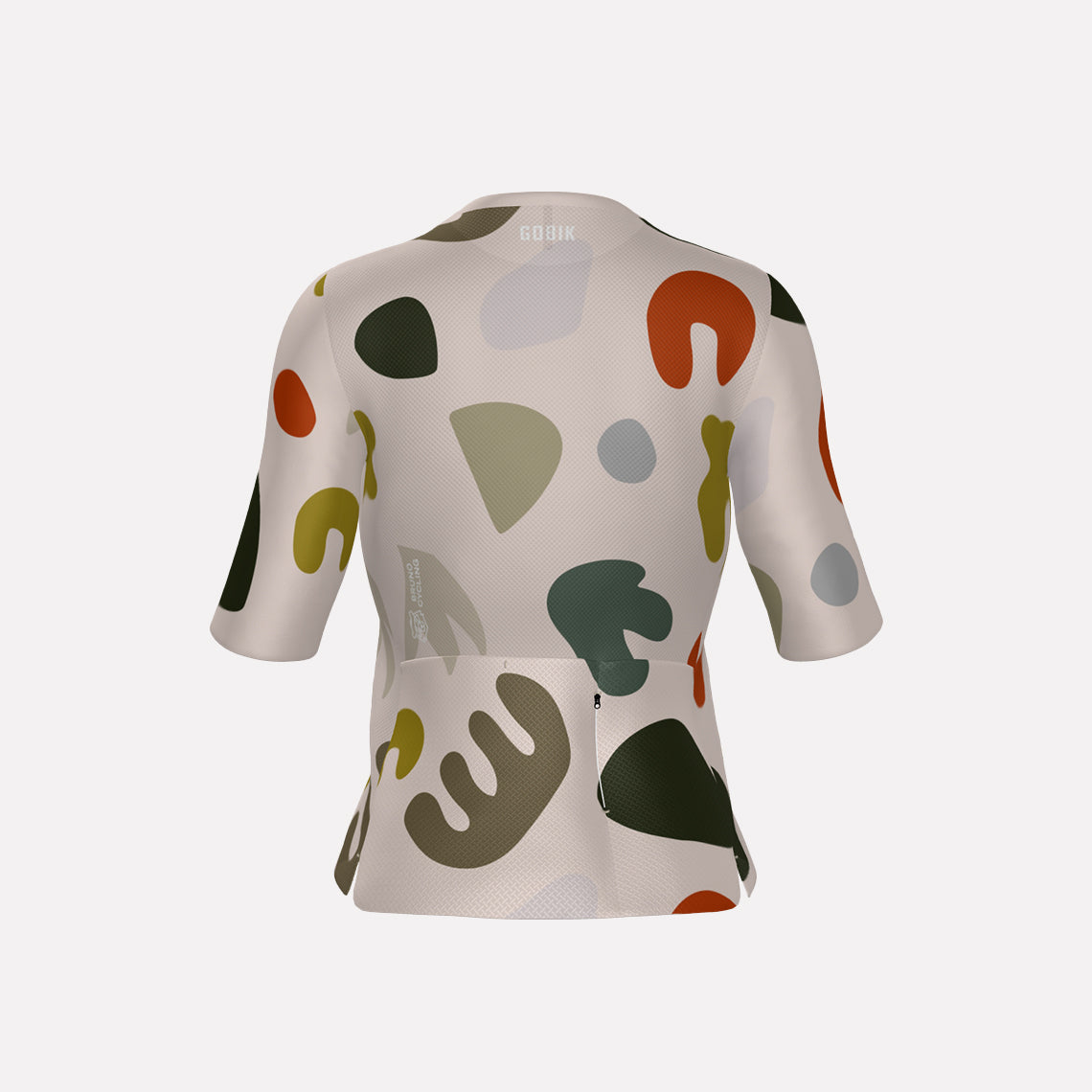 A women's cycling jersey with a geometric pattern in various earthy tones and a round neckline.