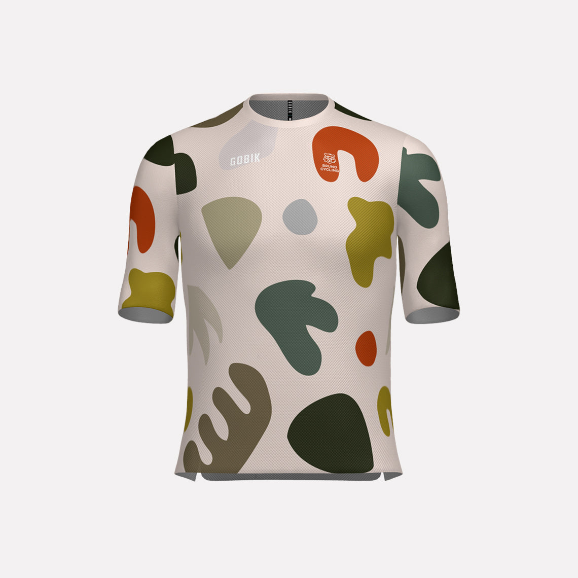 A men's cycling jersey with a camouflage pattern in various shades of earthy colors on a white background.