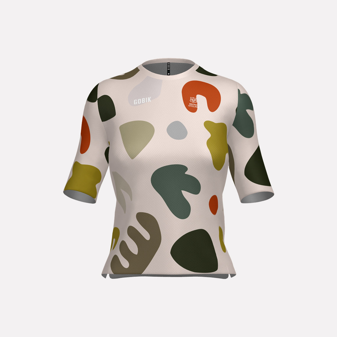 A women's cycling jersey with a geometric pattern in various earthy tones and a round neckline.