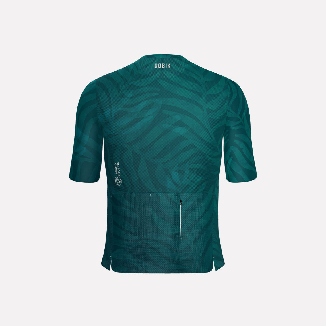 A men's cycling jersey in teal color with a nature pattern and short sleeves.