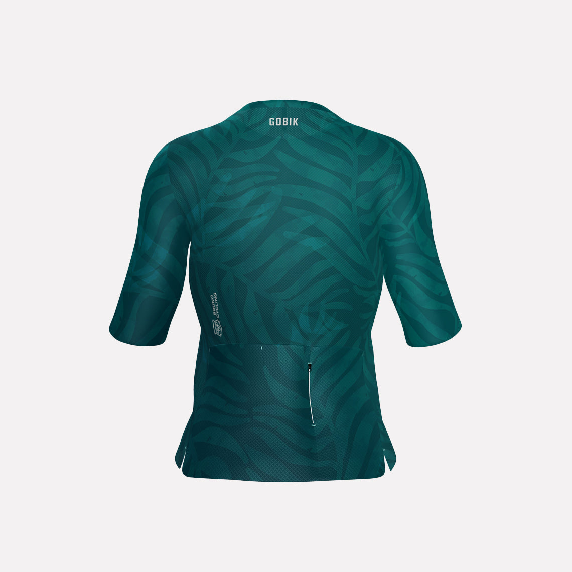 A women's cycling jersey in teal color with a nature pattern and short sleeves.
