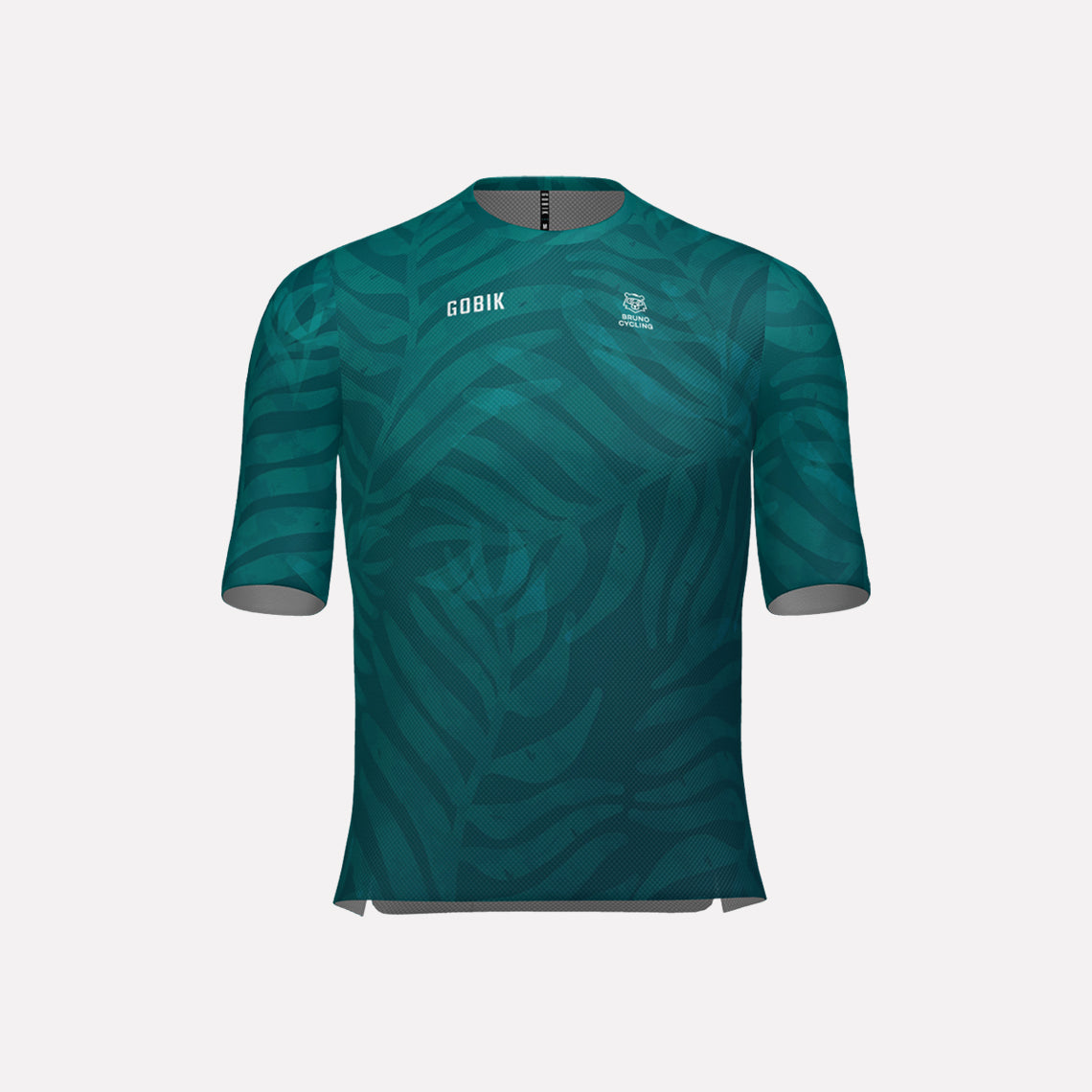 A men's cycling jersey in teal color with a nature pattern and short sleeves.