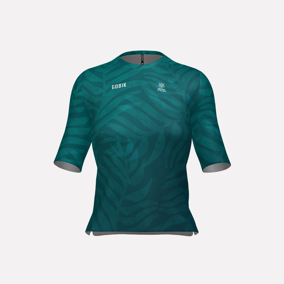 A women's cycling jersey in teal color with a nature pattern and short sleeves.