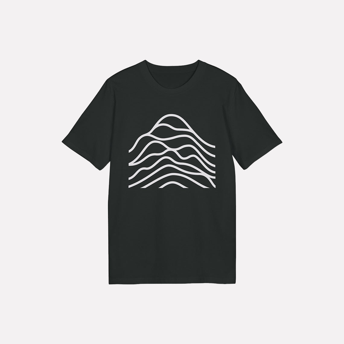 A black cotton t-shirt with a white graphic design in the center.