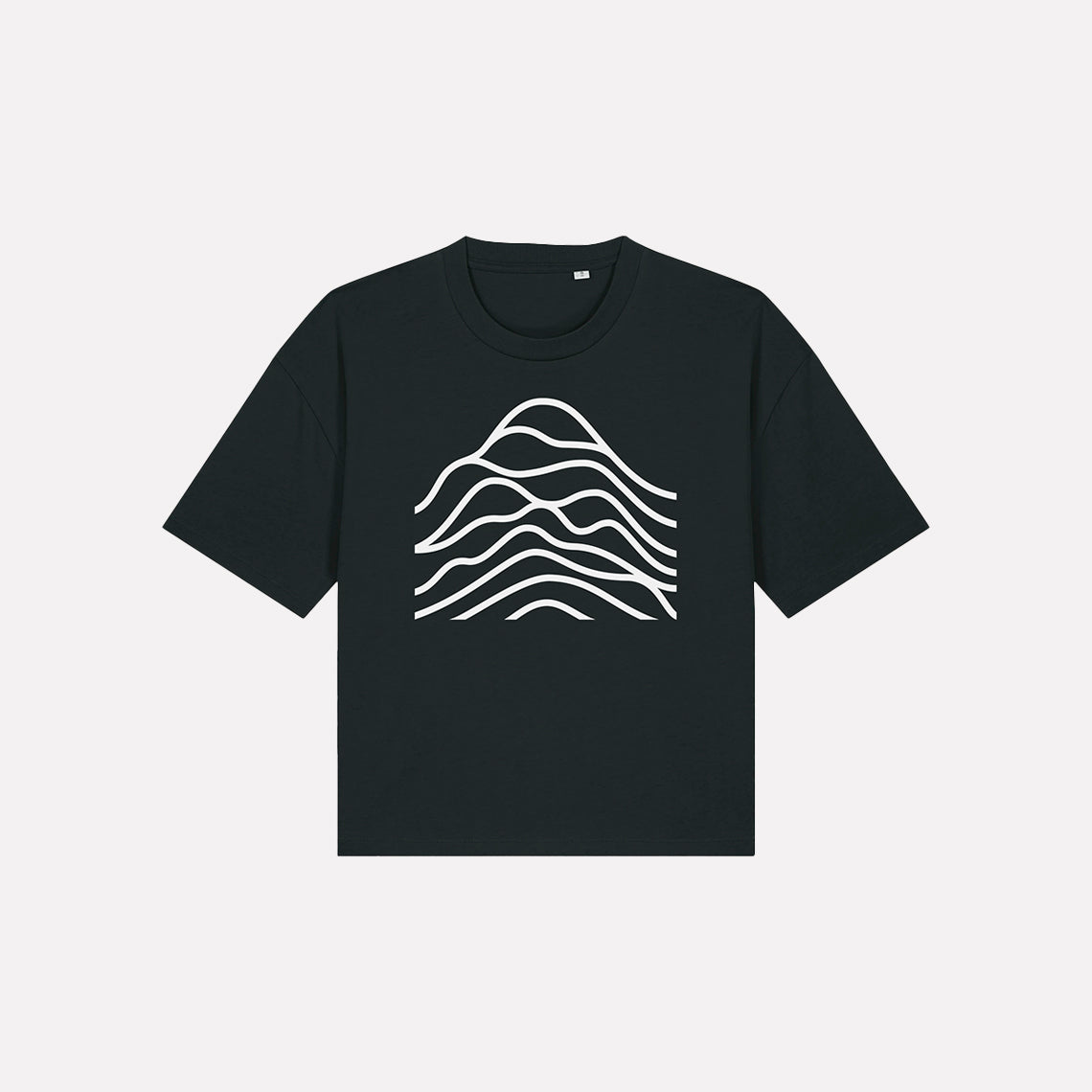 A black cotton t-shirt with a graphic design in white.