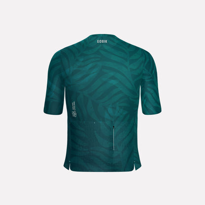A men's cycling jersey in teal color with a nature pattern and short sleeves.