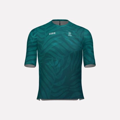 A men's cycling jersey in teal color with a nature pattern and short sleeves.