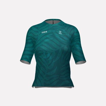 A women's cycling jersey in teal color with a nature pattern and short sleeves.