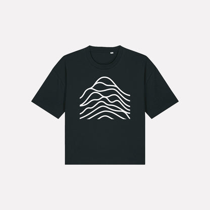 A black cotton t-shirt with a graphic design in white.